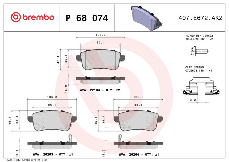 Комплект тормозных колодок, дисковый тормоз BREMBO P68074