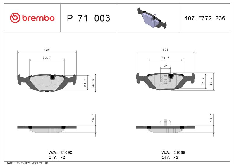 Комплект тормозных колодок, дисковый тормоз BREMBO P71003