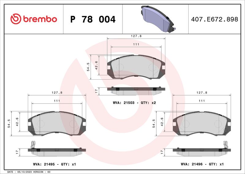 Комплект тормозных колодок, дисковый тормоз BREMBO P78004