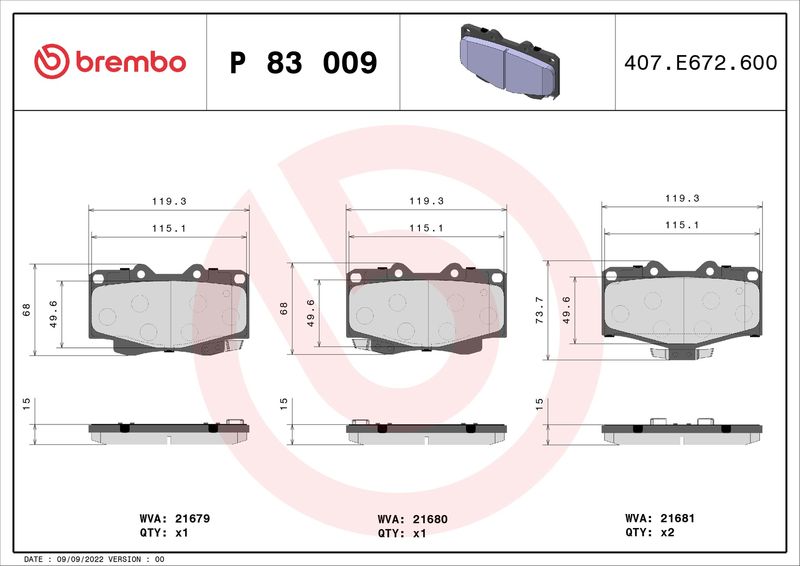 Комплект тормозных колодок, дисковый тормоз BREMBO P83009