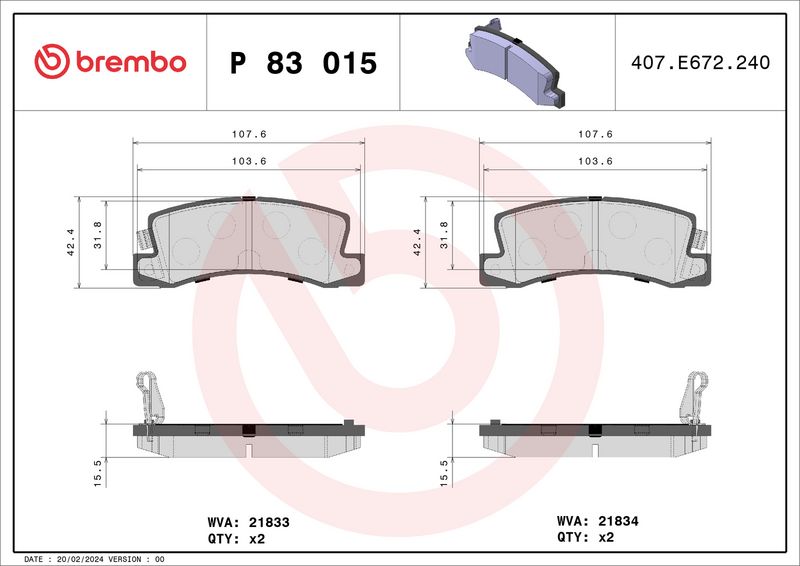 Комплект тормозных колодок, дисковый тормоз BREMBO P83015