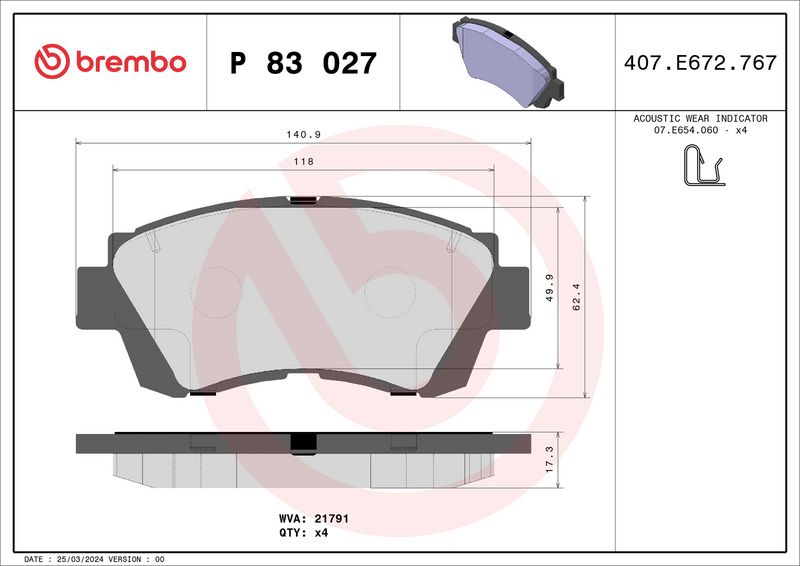 Комплект тормозных колодок, дисковый тормоз BREMBO P83027