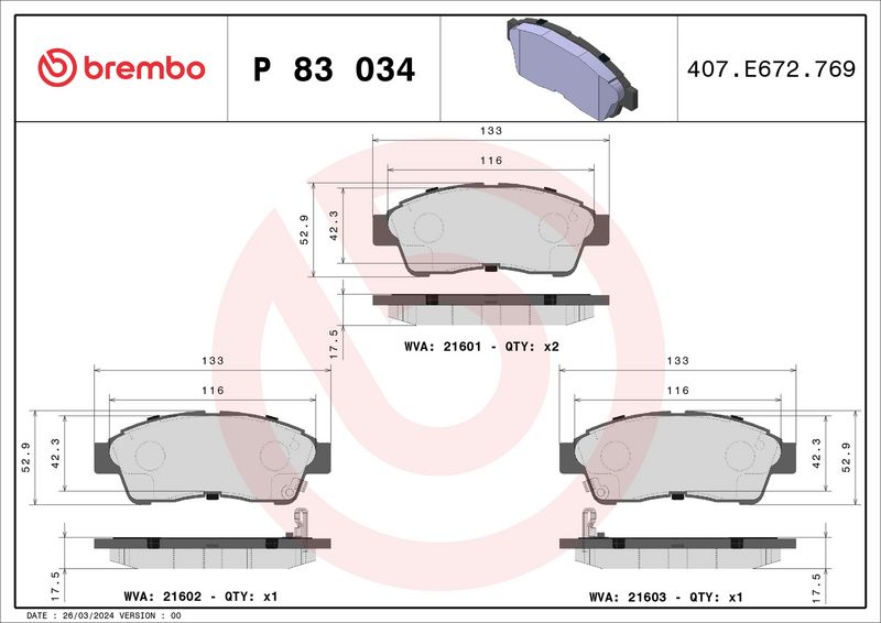 Комплект тормозных колодок, дисковый тормоз BREMBO P83034