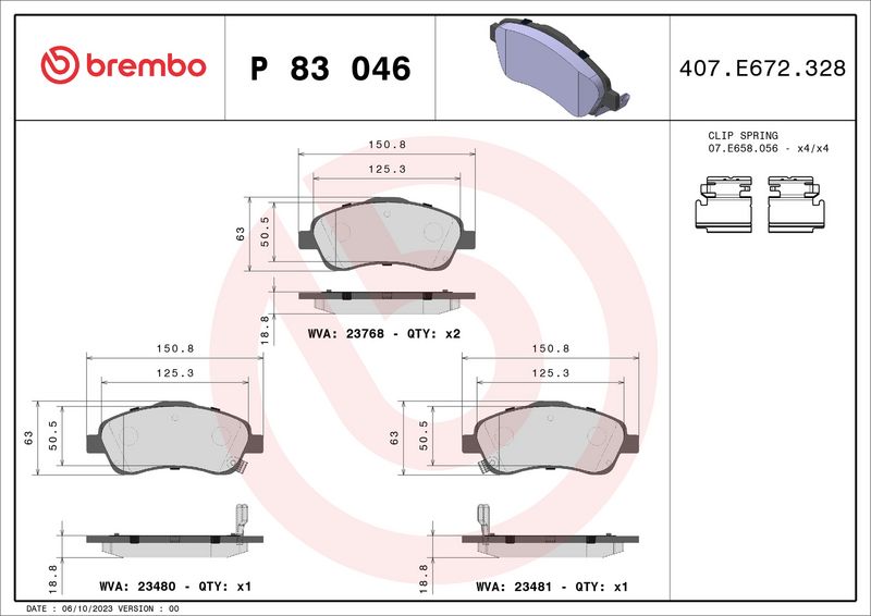 Комплект тормозных колодок, дисковый тормоз BREMBO P83046