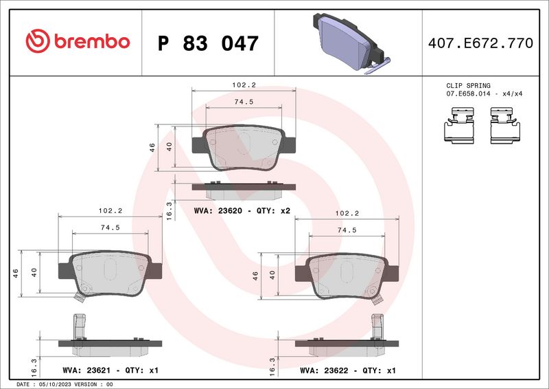 Комплект тормозных колодок, дисковый тормоз BREMBO P83047