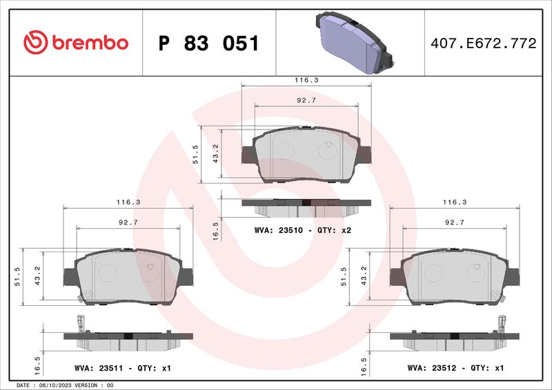 Комплект тормозных колодок, дисковый тормоз BREMBO P83051