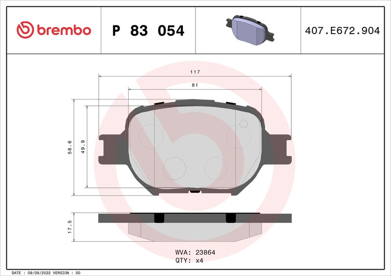 Комплект тормозных колодок, дисковый тормоз BREMBO P83054