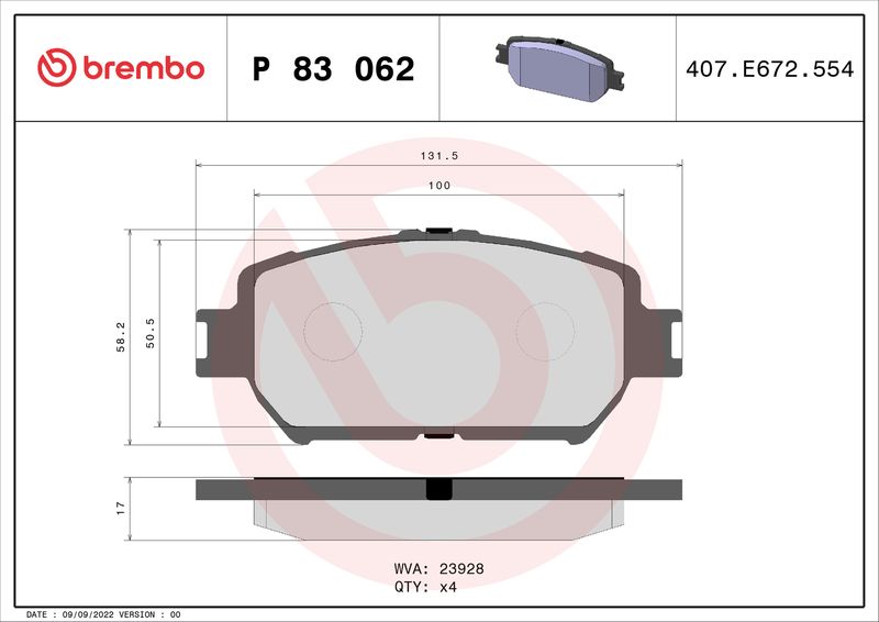 Комплект тормозных колодок, дисковый тормоз BREMBO P83062