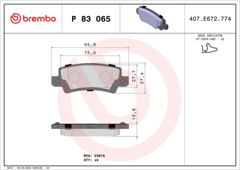 Комплект тормозных колодок, дисковый тормоз BREMBO P83065