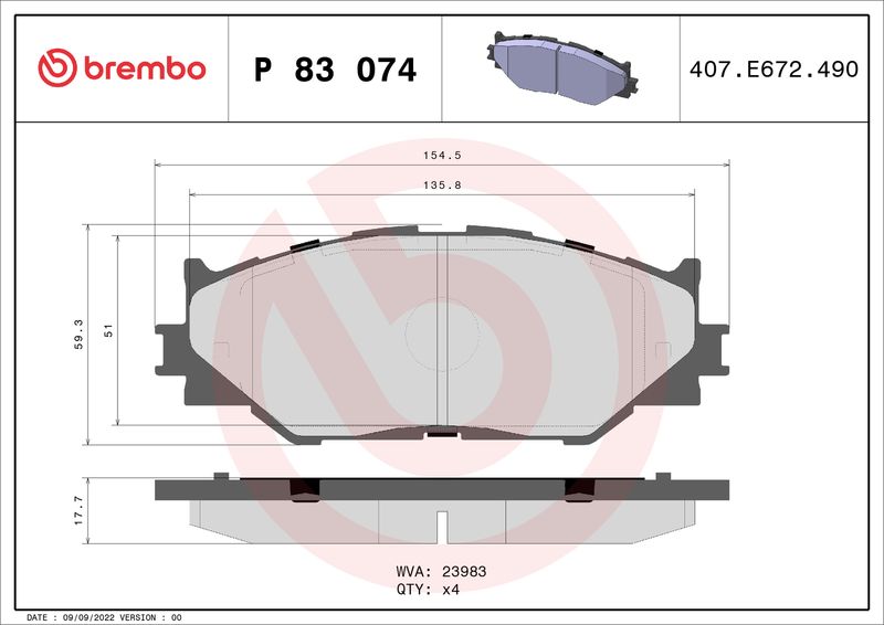 Комплект тормозных колодок, дисковый тормоз BREMBO P83074