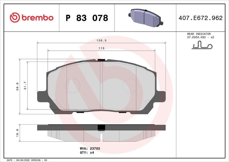 Комплект тормозных колодок, дисковый тормоз BREMBO P83078