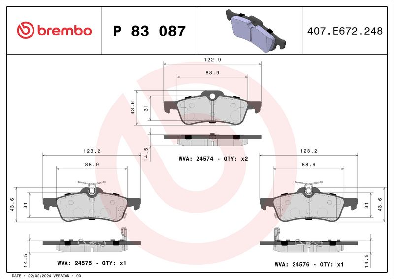 Комплект тормозных колодок, дисковый тормоз BREMBO P83087