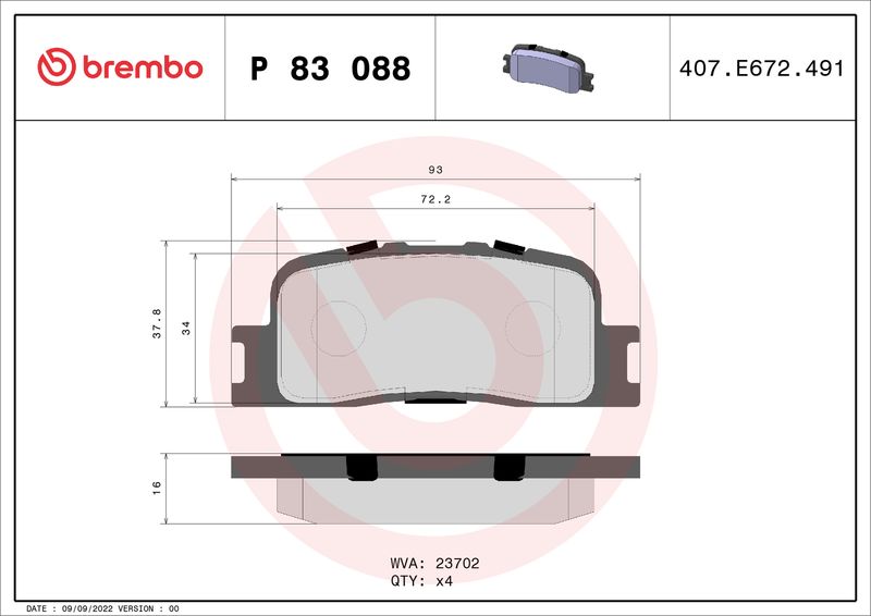 Комплект тормозных колодок, дисковый тормоз BREMBO P83088