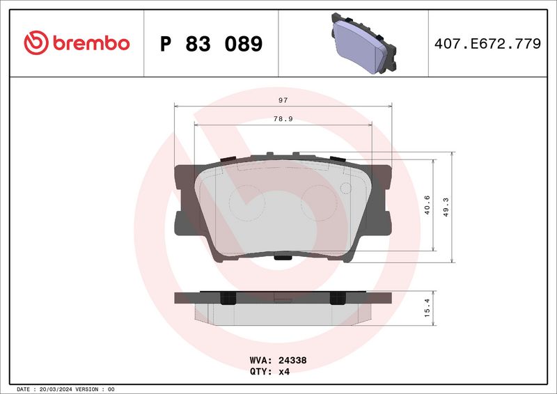 Комплект тормозных колодок, дисковый тормоз BREMBO P83089