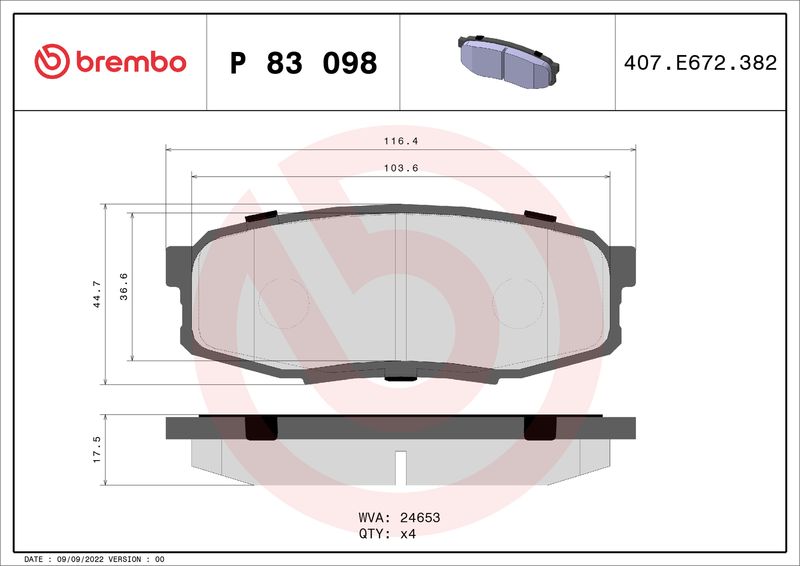 Комплект тормозных колодок, дисковый тормоз BREMBO P83098