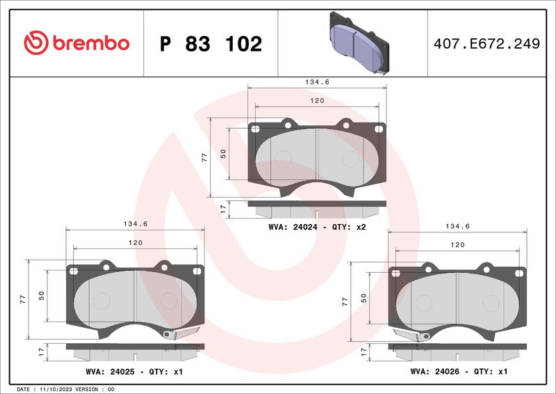 Комплект тормозных колодок, дисковый тормоз BREMBO P83102