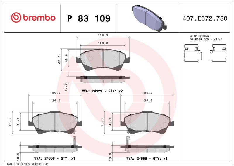Комплект тормозных колодок, дисковый тормоз BREMBO P83109