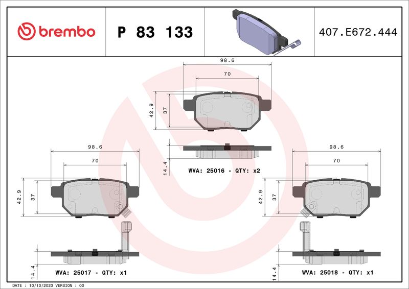 Комплект тормозных колодок, дисковый тормоз BREMBO P83133