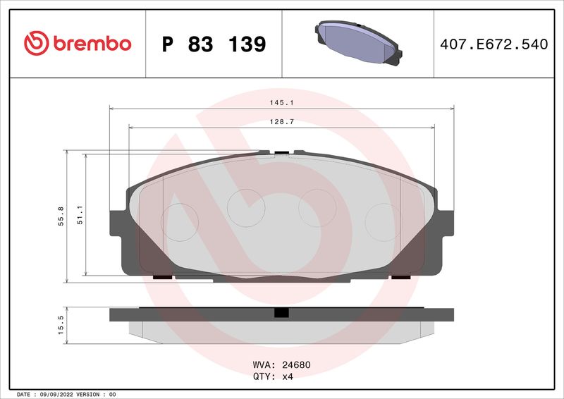 Комплект тормозных колодок, дисковый тормоз BREMBO P83139