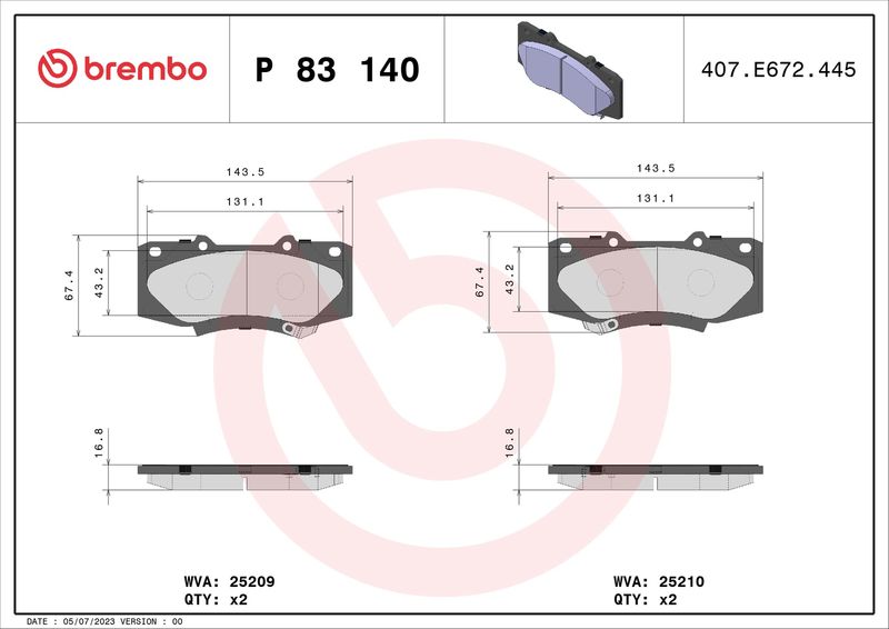 Комплект тормозных колодок, дисковый тормоз BREMBO P83140