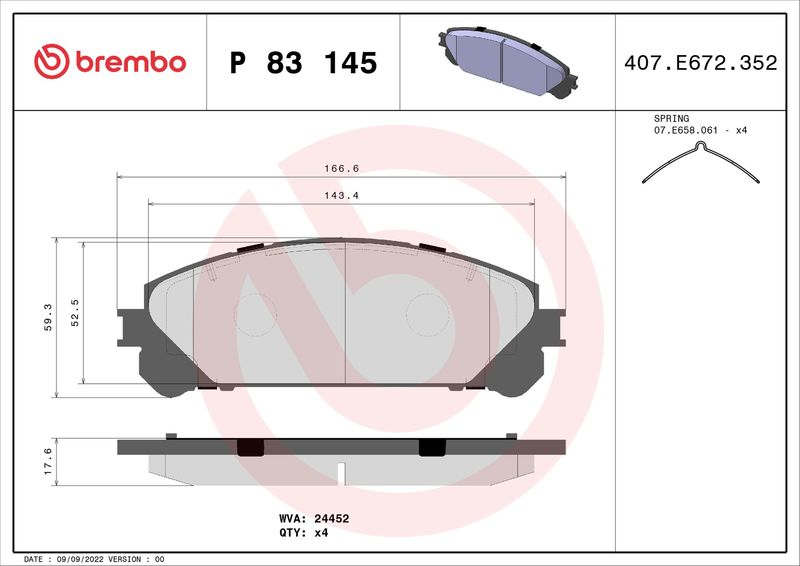 Комплект тормозных колодок, дисковый тормоз BREMBO P83145