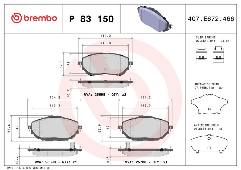 Комплект тормозных колодок, дисковый тормоз BREMBO P83150