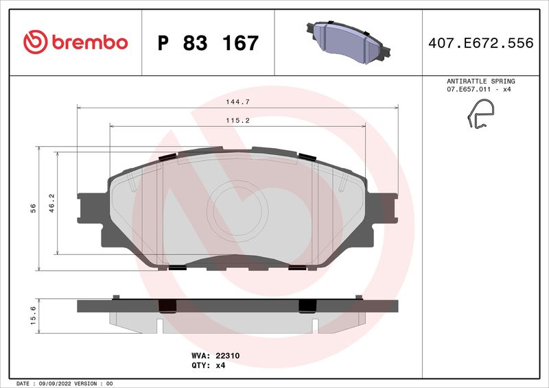 Комплект тормозных колодок, дисковый тормоз BREMBO P83167