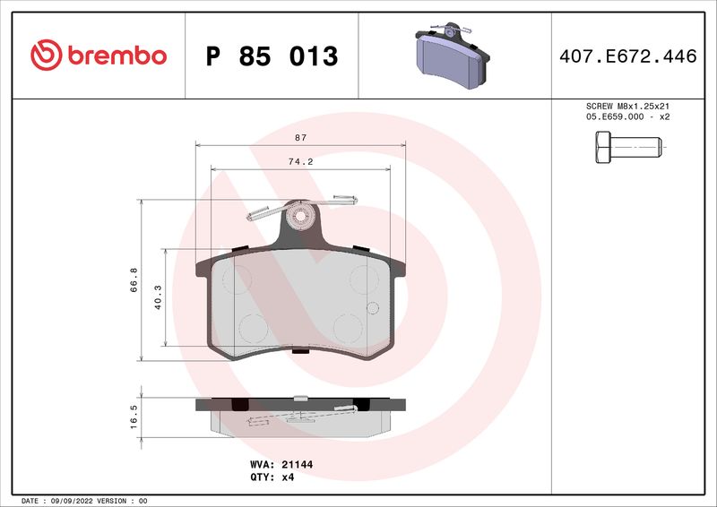 Комплект тормозных колодок, дисковый тормоз BREMBO P85013