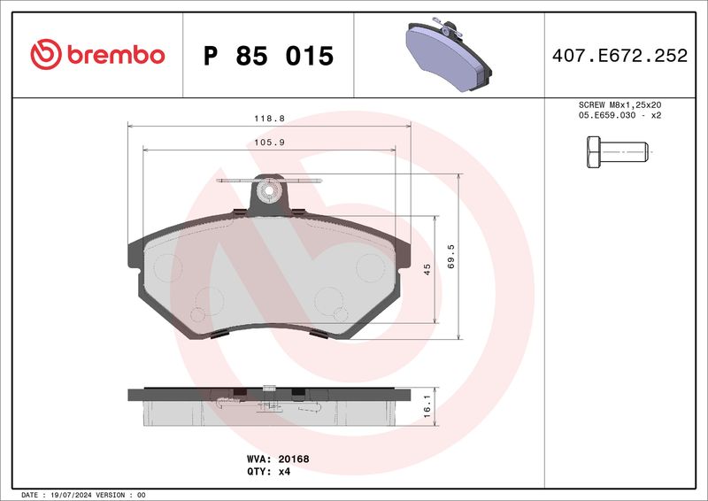 Комплект тормозных колодок, дисковый тормоз BREMBO P85015