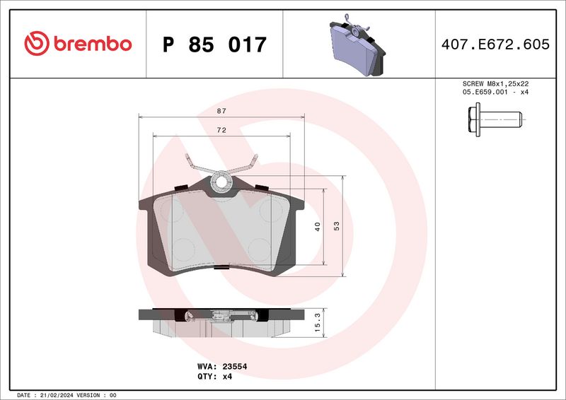 Комплект тормозных колодок, дисковый тормоз BREMBO P85017