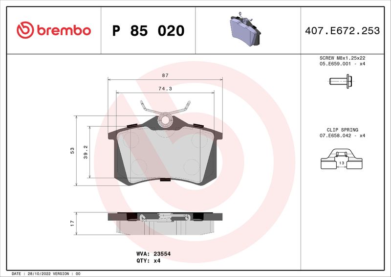 Комплект тормозных колодок, дисковый тормоз BREMBO P85020