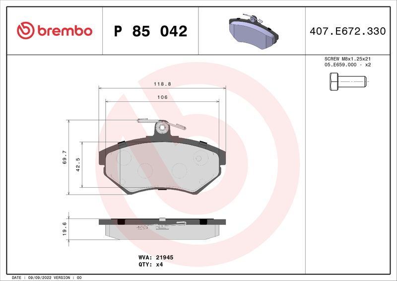 Комплект тормозных колодок, дисковый тормоз BREMBO P85042
