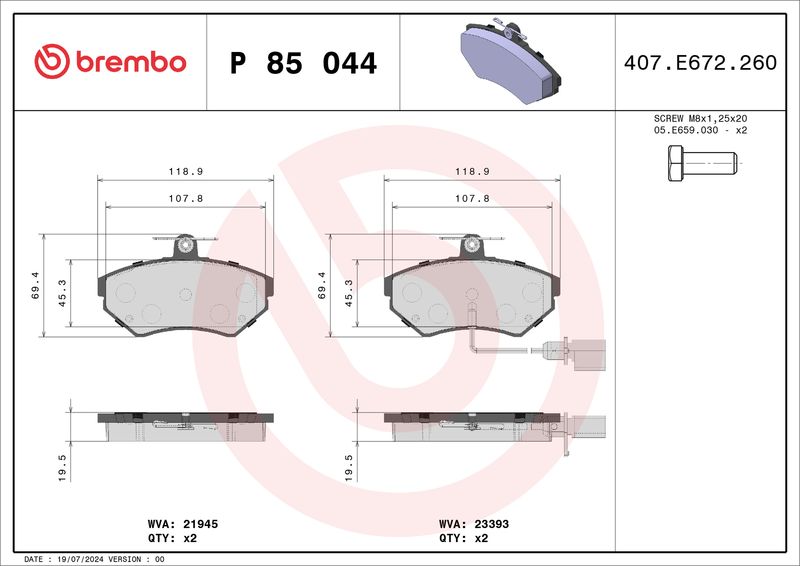 Комплект тормозных колодок, дисковый тормоз BREMBO P85044