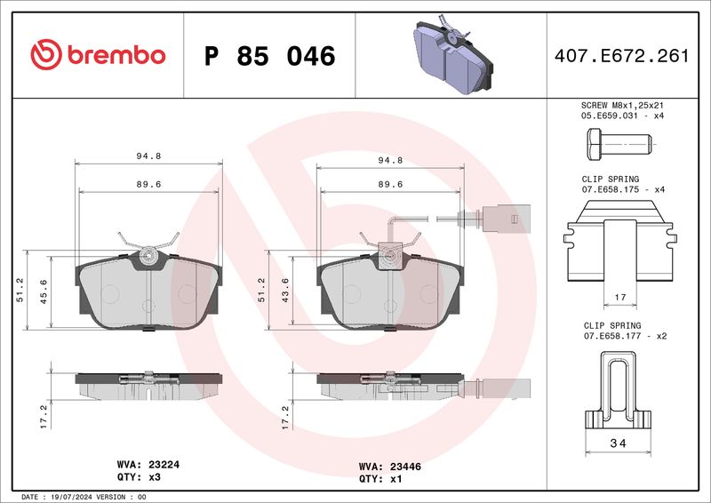 Комплект тормозных колодок, дисковый тормоз BREMBO P85046