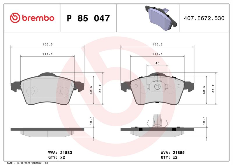 Комплект тормозных колодок, дисковый тормоз BREMBO P85047