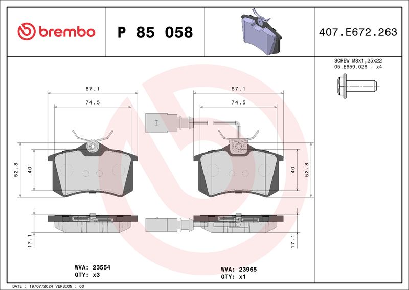 Комплект тормозных колодок, дисковый тормоз BREMBO P85058