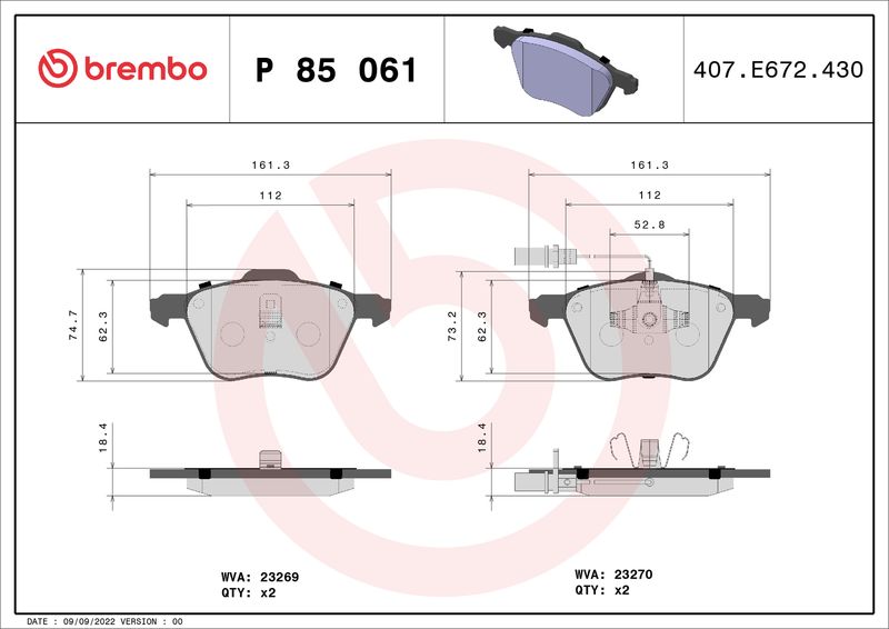 Комплект тормозных колодок, дисковый тормоз BREMBO P85061