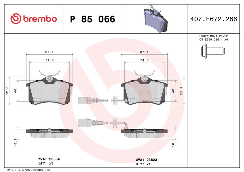 Комплект тормозных колодок, дисковый тормоз BREMBO P85066