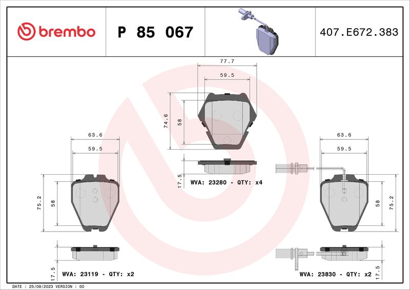 Комплект тормозных колодок, дисковый тормоз BREMBO P85067