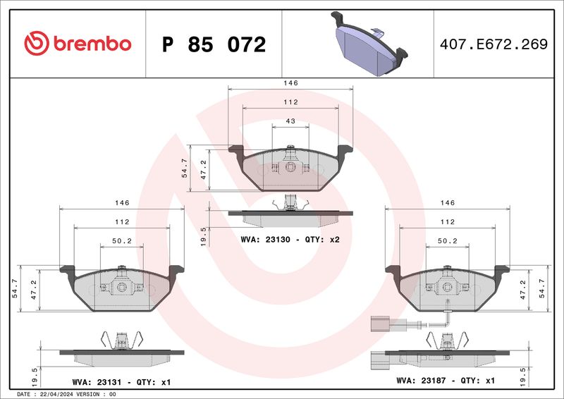 Комплект тормозных колодок, дисковый тормоз BREMBO P85072