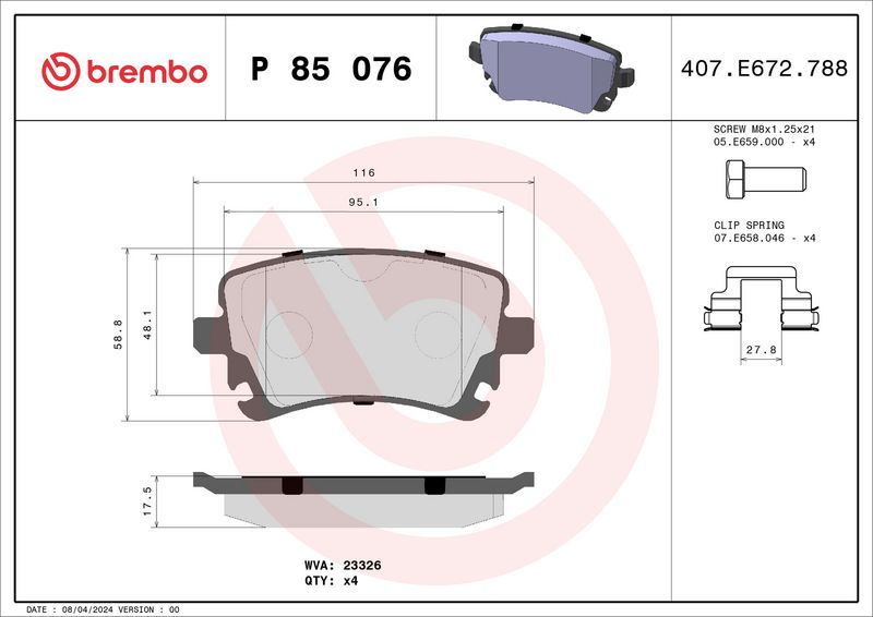 Комплект тормозных колодок, дисковый тормоз BREMBO P85076
