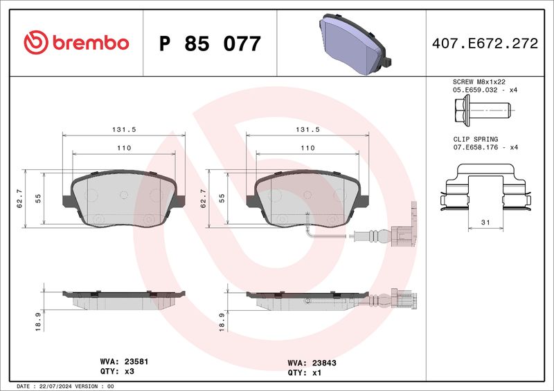 Комплект тормозных колодок, дисковый тормоз BREMBO P85077