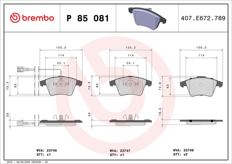 Комплект тормозных колодок, дисковый тормоз BREMBO P85081