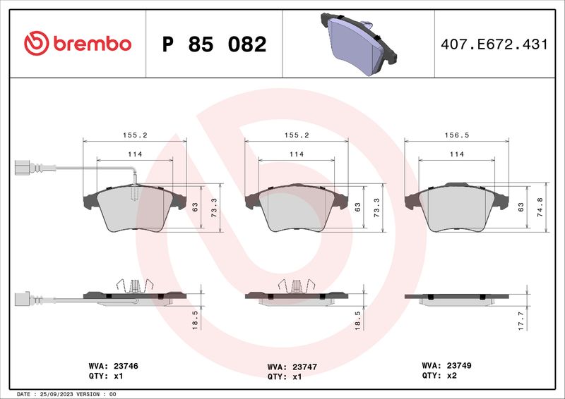 Комплект тормозных колодок, дисковый тормоз BREMBO P85082