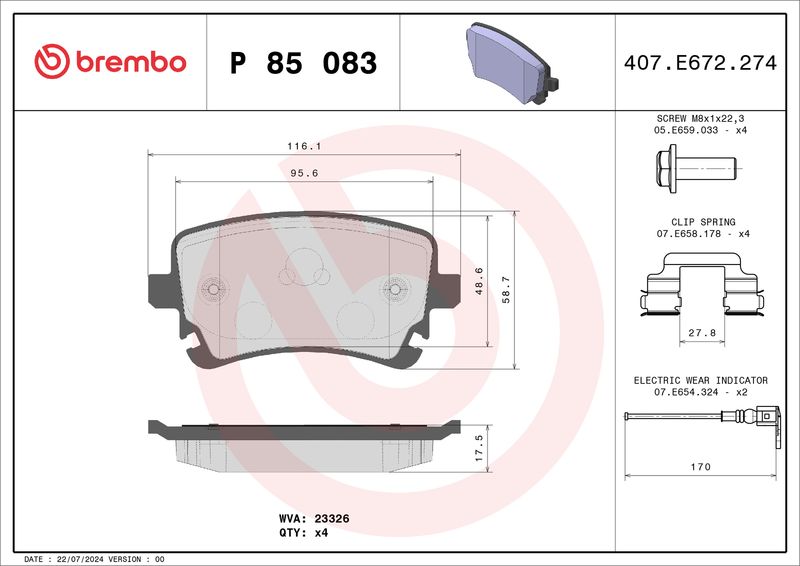 Комплект тормозных колодок, дисковый тормоз BREMBO P85083