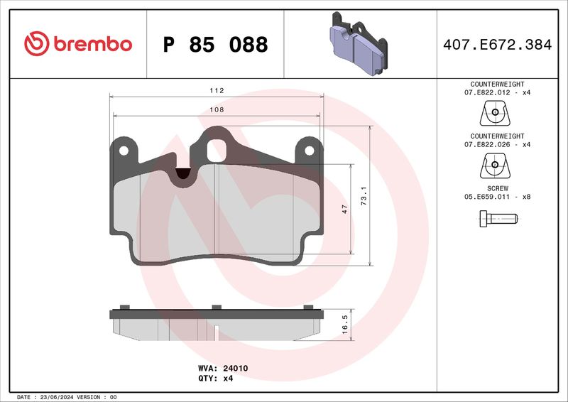 Комплект тормозных колодок, дисковый тормоз BREMBO P85088