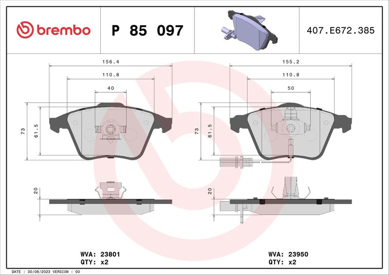 Комплект тормозных колодок, дисковый тормоз BREMBO P85097