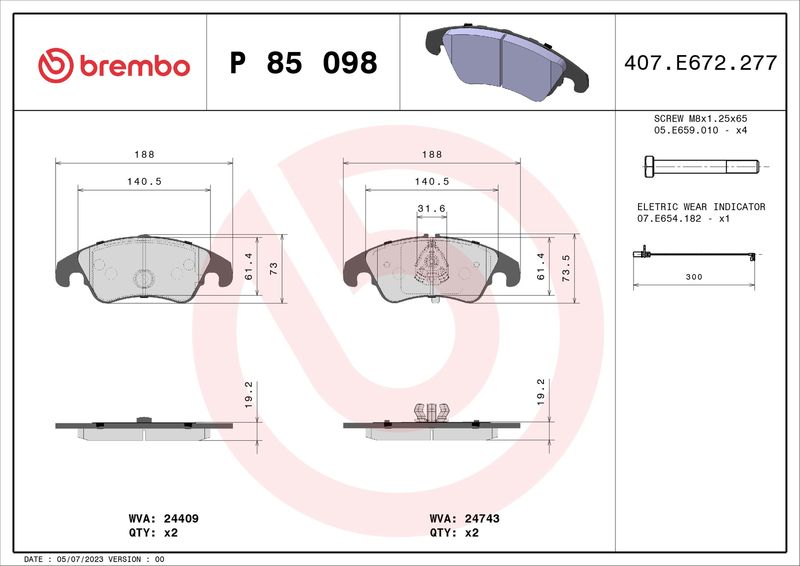Комплект тормозных колодок, дисковый тормоз BREMBO P85098