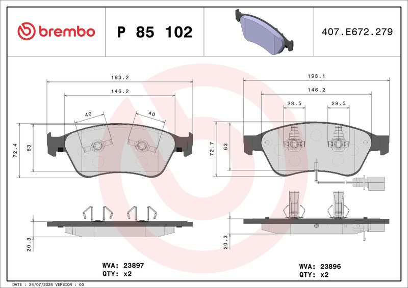Комплект тормозных колодок, дисковый тормоз BREMBO P85102