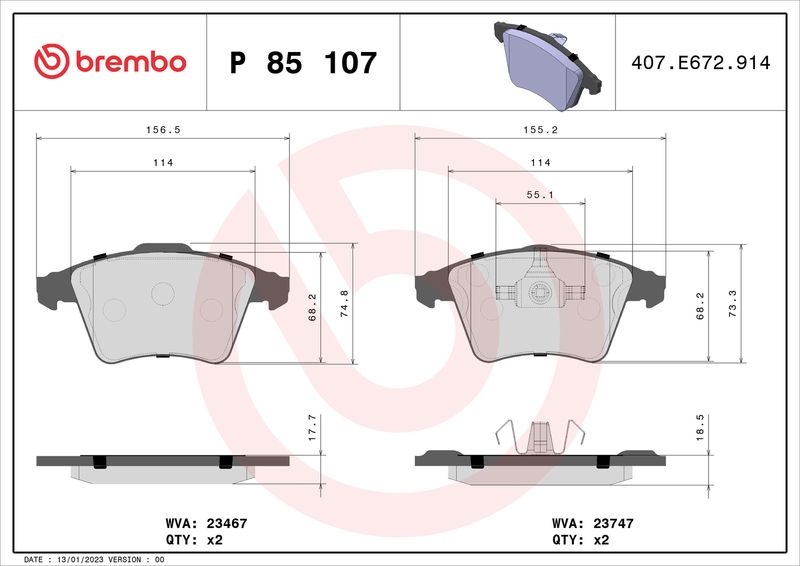 Комплект тормозных колодок, дисковый тормоз BREMBO P85107